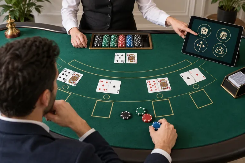 Dealer explaining blackjack cards and table positions